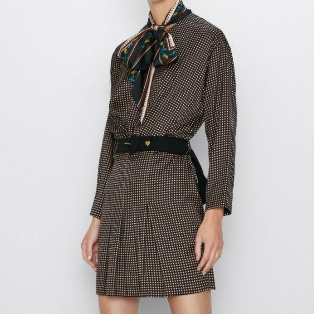 Zara Foulard Geometric Polka Dot Scarf Print Bow Long Sleeve Mini Dress / XS